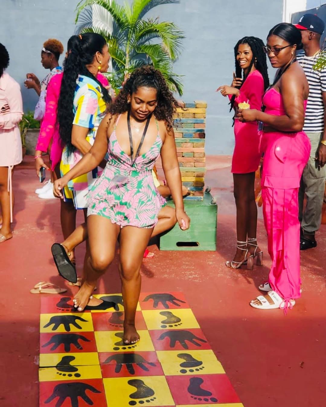A poolside wedding reception at night